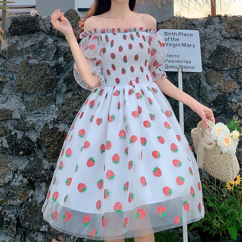 Strawberry Dress French Style Lace Chiffon Sweet Puff Sleeve Elegant. – LoveJojo