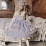 Japanese Autumn Kawaii Lolita Cosplay Dress Sweet Bow Full Sleeve Ruffles Brown