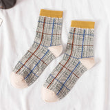 Fluffy Teddy Bear Socks Cream Brown Beige Chequered Print Kawaii - LoveJojo