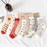 Fluffy Teddy Bear Socks Cream Brown Beige Chequered Print Kawaii - LoveJojo