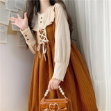 Japanese Autumn Kawaii Lolita Cosplay Dress Sweet Bow Full Sleeve Ruffles Brown