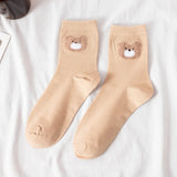 Fluffy Teddy Bear Socks Cream Brown Beige Chequered Print Kawaii - LoveJojo