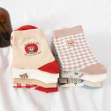 Fluffy Teddy Bear Socks Cream Brown Beige Chequered Print Kawaii - LoveJojo