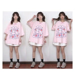 Kawaii Tshirt Cute Print Tops Women Oversized T Shirt Casual Loose Cotton Pink Graphic T Shirts Anime Manga