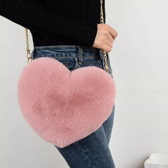 Faux Fur Heart Bag Furry With Gold Chain Handbag Crossbody