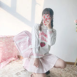 Strawberry Milk Embroidered Sweater Pink White Loose Turtleneck Jumper Top Harajuku - LoveJojo