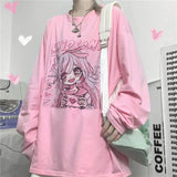 Kawaii Pink Print T-Shirt Shirt Long Sleeve Tops Loose Casual Graphic T Shirt Anime Manga - LoveJojo