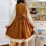 Japanese Autumn Kawaii Lolita Cosplay Dress Sweet Bow Full Sleeve Ruffles Brown