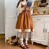 Japanese Autumn Kawaii Lolita Cosplay Dress Sweet Bow Full Sleeve Ruffles Brown