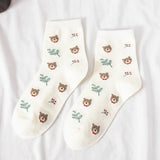 Fluffy Teddy Bear Socks Cream Brown Beige Chequered Print Kawaii - LoveJojo