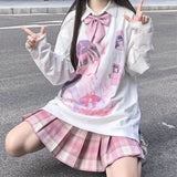 Kawaii Pink Print T-Shirt Shirt Long Sleeve Tops Loose Casual Graphic T Shirt Anime Manga - LoveJojo