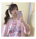 Kawaii Tshirt Cute Print Tops Women Oversized T Shirt Casual Loose Cotton Pink Graphic T Shirts Anime Manga
