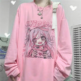 Kawaii Pink Print T-Shirt Shirt Long Sleeve Tops Loose Casual Graphic T Shirt Anime Manga - LoveJojo