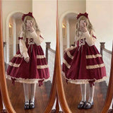 Japanese Autumn Kawaii Lolita Cosplay Dress Sweet Bow Full Sleeve Ruffles Brown