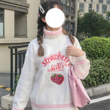 Strawberry Milk Embroidered Sweater Pink White Loose Turtleneck Jumper Top Harajuku - LoveJojo