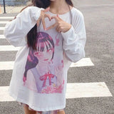 Kawaii Pink Print T-Shirt Shirt Long Sleeve Tops Loose Casual Graphic T Shirt Anime Manga - LoveJojo