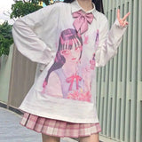 Kawaii Pink Print T-Shirt Shirt Long Sleeve Tops Loose Casual Graphic T Shirt Anime Manga - LoveJojo