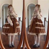 Japanese Autumn Kawaii Lolita Cosplay Dress Sweet Bow Full Sleeve Ruffles Brown