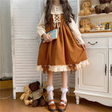 Japanese Autumn Kawaii Lolita Cosplay Dress Sweet Bow Full Sleeve Ruffles Brown