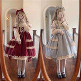 Japanese Autumn Kawaii Lolita Cosplay Dress Sweet Bow Full Sleeve Ruffles Brown