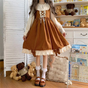 Japanese Autumn Kawaii Lolita Cosplay Dress Sweet Bow Full Sleeve Ruffles Brown