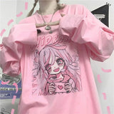 Kawaii Pink Print T-Shirt Shirt Long Sleeve Tops Loose Casual Graphic T Shirt Anime Manga - LoveJojo