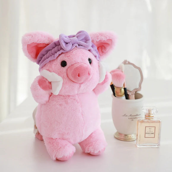 Pink Pig Plush Selfcare Facial Skincare With Purple Headband