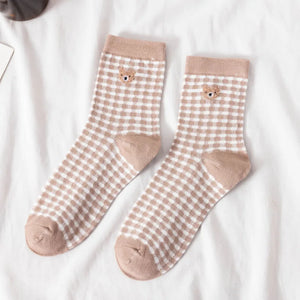 Fluffy Teddy Bear Socks Cream Brown Beige Chequered Print Kawaii - LoveJojo