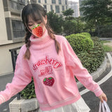 Strawberry Milk Embroidered Sweater Pink White Loose Turtleneck Jumper Top Harajuku - LoveJojo