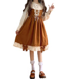 Japanese Autumn Kawaii Lolita Cosplay Dress Sweet Bow Full Sleeve Ruffles Brown