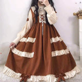 Japanese Autumn Kawaii Lolita Cosplay Dress Sweet Bow Full Sleeve Ruffles Brown