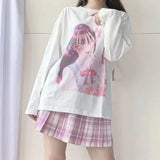 Kawaii Pink Print T-Shirt Shirt Long Sleeve Tops Loose Casual Graphic T Shirt Anime Manga - LoveJojo