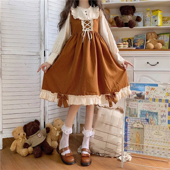 Japanese Autumn Kawaii Lolita Cosplay Dress Sweet Bow Full Sleeve Ruffles Brown