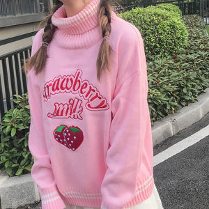 Strawberry Milk Embroidered Sweater Pink White Loose Turtleneck Jumper Top Harajuku - LoveJojo