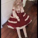 Japanese Autumn Kawaii Lolita Cosplay Dress Sweet Bow Full Sleeve Ruffles Brown