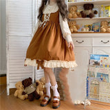 Japanese Autumn Kawaii Lolita Cosplay Dress Sweet Bow Full Sleeve Ruffles Brown