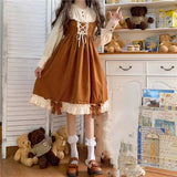 Japanese Autumn Kawaii Lolita Cosplay Dress Sweet Bow Full Sleeve Ruffles Brown