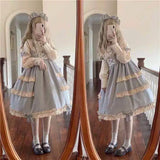 Japanese Autumn Kawaii Lolita Cosplay Dress Sweet Bow Full Sleeve Ruffles Brown