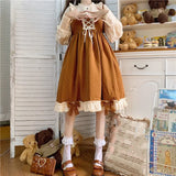 Japanese Autumn Kawaii Lolita Cosplay Dress Sweet Bow Full Sleeve Ruffles Brown