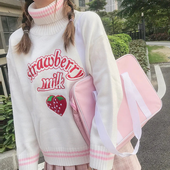 Strawberry Milk Embroidered Sweater Pink White Loose Turtleneck Jumper Top Harajuku - LoveJojo