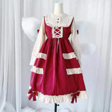 Japanese Autumn Kawaii Lolita Cosplay Dress Sweet Bow Full Sleeve Ruffles Brown