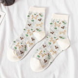 Fluffy Teddy Bear Socks Cream Brown Beige Chequered Print Kawaii - LoveJojo