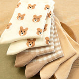 Fluffy Teddy Bear Socks Cream Brown Beige Chequered Print Kawaii