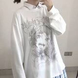 Kawaii Pink Print T-Shirt Shirt Long Sleeve Tops Loose Casual Graphic T Shirt Anime Manga - LoveJojo