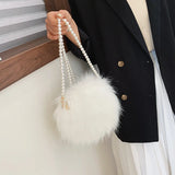 Faux Fur Fluffy White Bag Crossbody Handbag Pearl Strap