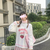 Strawberry Milk Embroidered Sweater Pink White Loose Turtleneck Jumper Top Harajuku