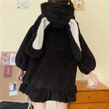 Hoodie Winter Bunny Ears White Black Pink Sweatshirt Long Sleeve Zip Up Hoodies