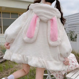 Hoodie Winter Bunny Ears White Black Pink Sweatshirt Long Sleeve Zip Up Hoodies