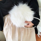 Faux Fur Fluffy White Bag Crossbody Handbag Pearl Strap