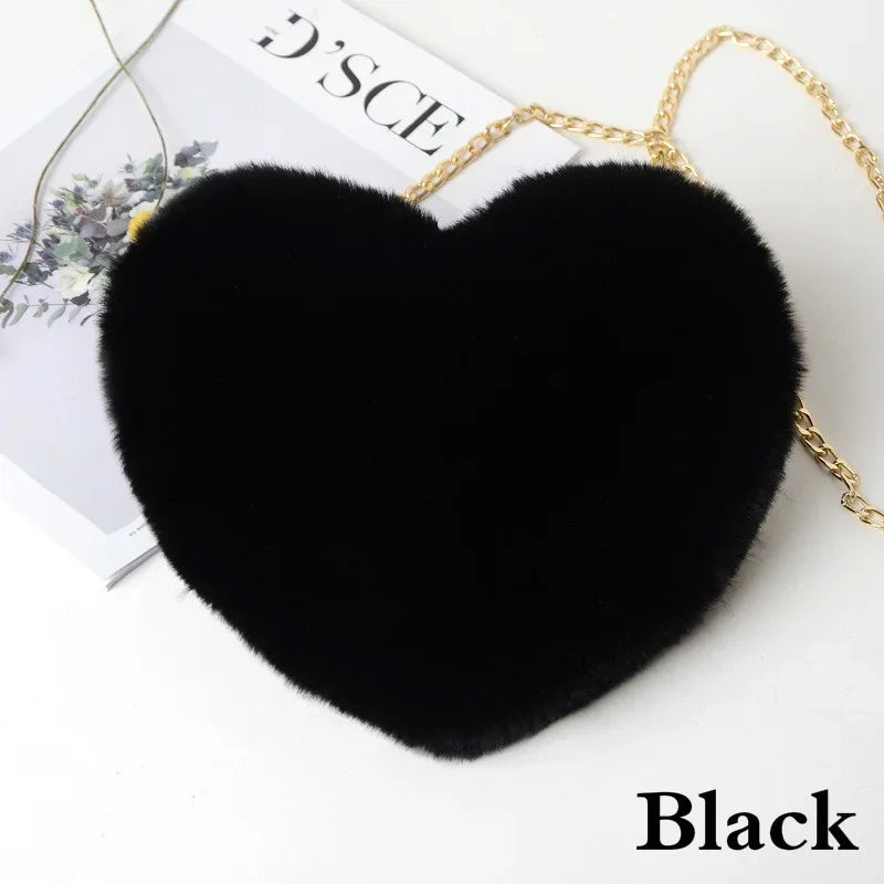 Ultra outlets soft, heart shaped fluffy bag with gold fashion chain